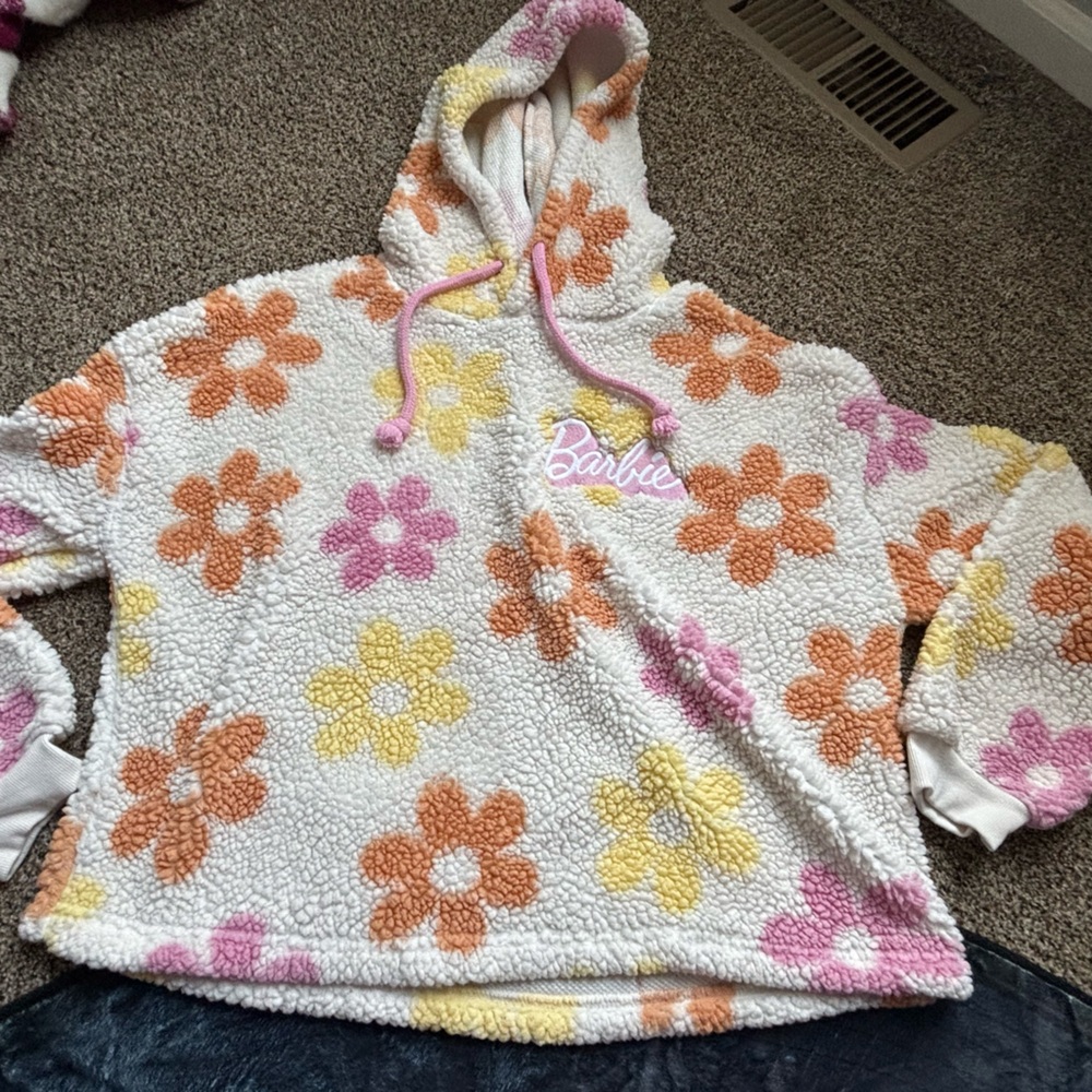 Floral Sherpa Hoodie with Pink Barbie Logo